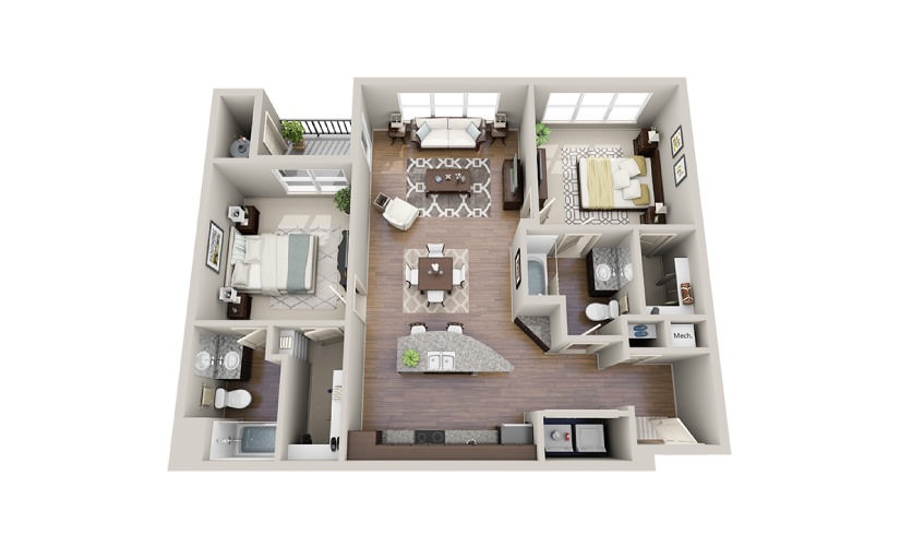 Benetton - 2 bedroom floorplan layout with 2 bathrooms and 1079 square feet