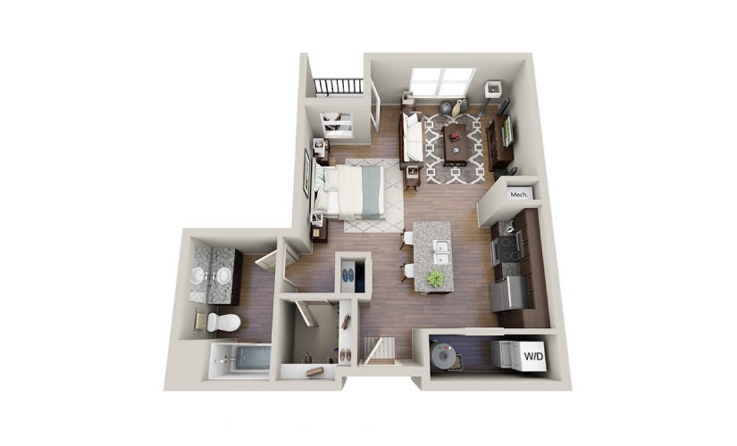 Crew-A - Studio floorplan layout with 1 bathroom and 641 square feet