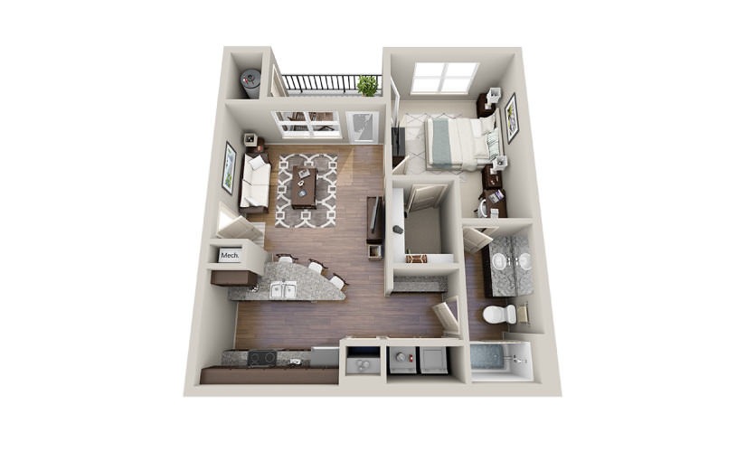 Lily - 1 bedroom floorplan layout with 1 bathroom and 675 square feet