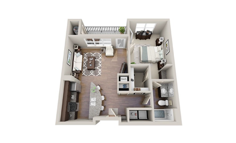 Louis - 1 bedroom floorplan layout with 1 bathroom and 734 square feet