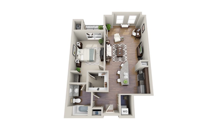 Paul - 1 bedroom floorplan layout with 1 bathroom and 889 - 1005 square feet